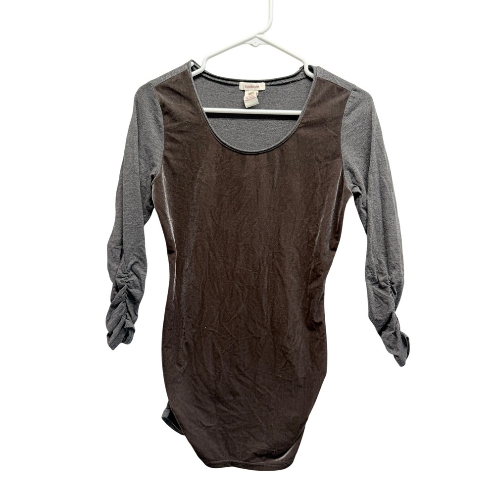Sundance Top Velvet Mixed Media Ruched Sleeve XS Brown Gray Women